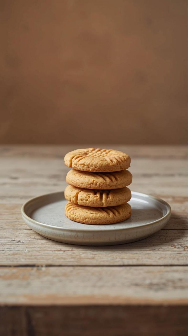 A close-up studio shot of three soft, fork-pressed peanut butter cookies stacked on a white ceramic plate, highlighting their crumbly texture.