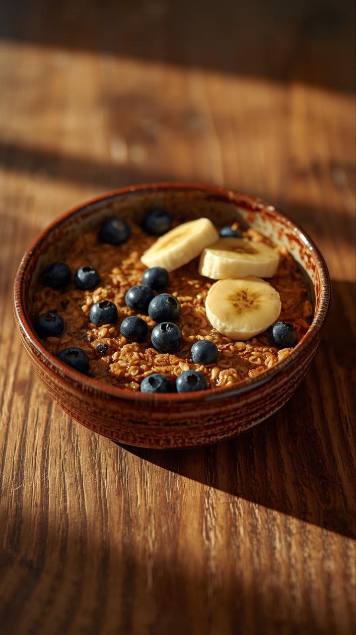 homemade baked oatmeal breakfast casserole with blueberries and bananas