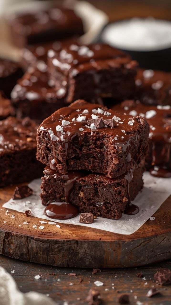 Fudgy black bean brownies with dark chocolate glaze and sea salt, stacked on a wooden board.