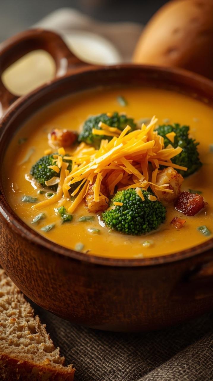 Creamy broccoli cheddar soup in a rustic bowl with shredded cheese, croutons, and a bread slice on the side.