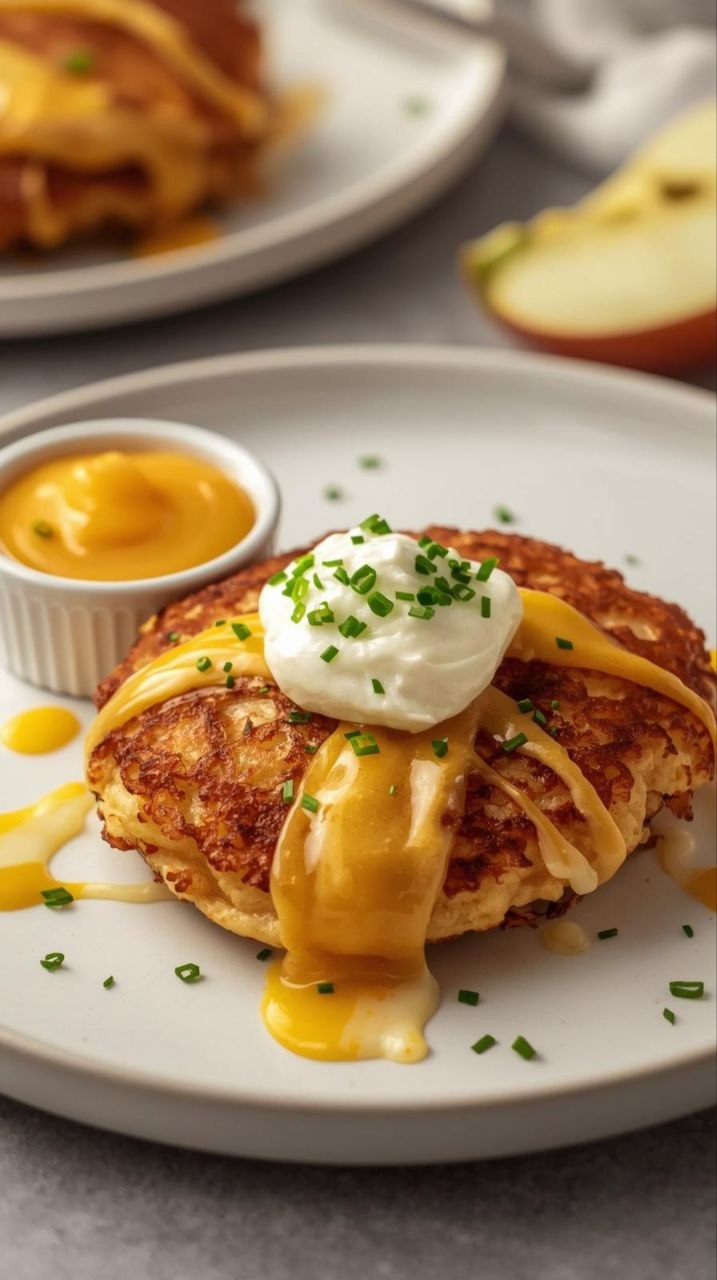 Crispy cheesy potato pancakes with sour cream, chives, and applesauce on a white plate.