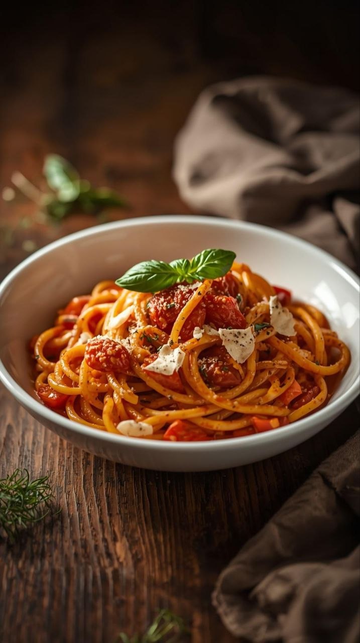 Creamy tomato pasta twirled in a white bowl, topped with fresh basil and Parmesan, rustic food photography.