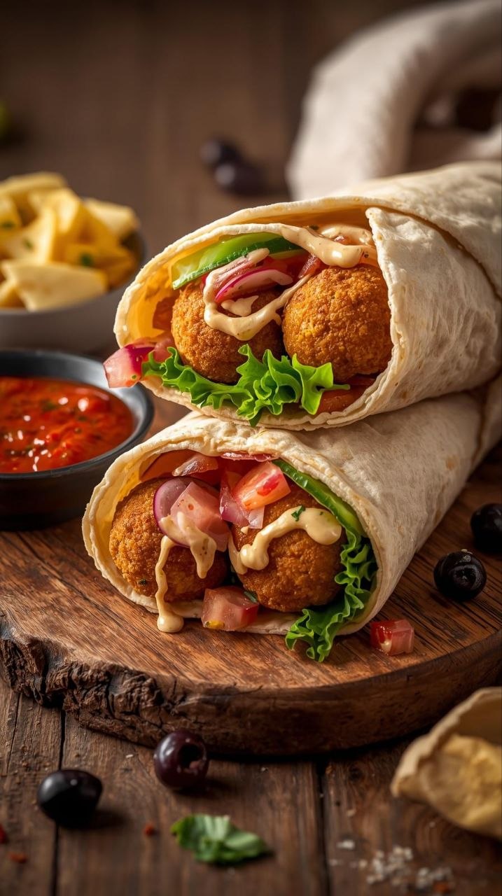 Falafel wrap cut in half, showing crispy falafel, fresh vegetables, and tahini sauce, served with harissa and olives.