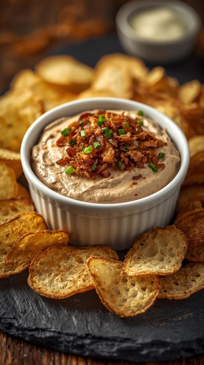 Creamy French onion dip with crispy fried onions and chives, served with potato chips and baguette crisps.