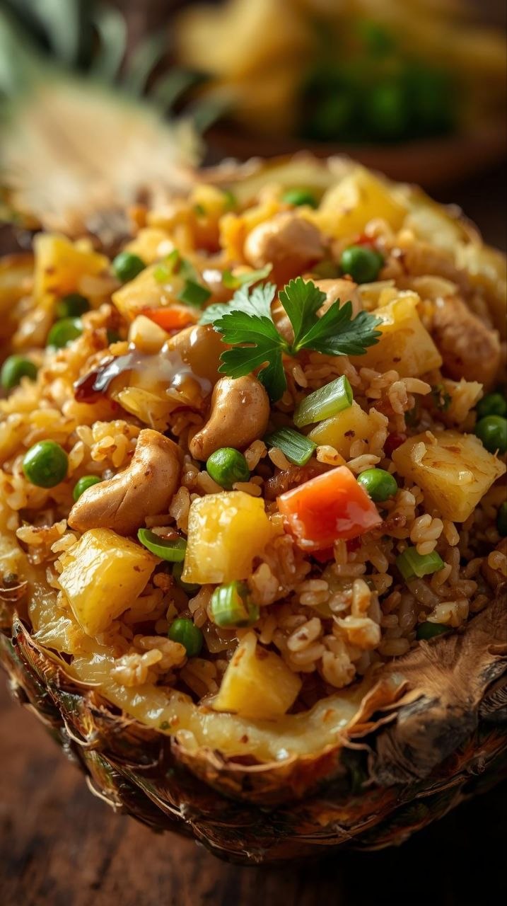 Pineapple fried rice with cashews, peas, and carrots served in a pineapple shell, garnished with cilantro.