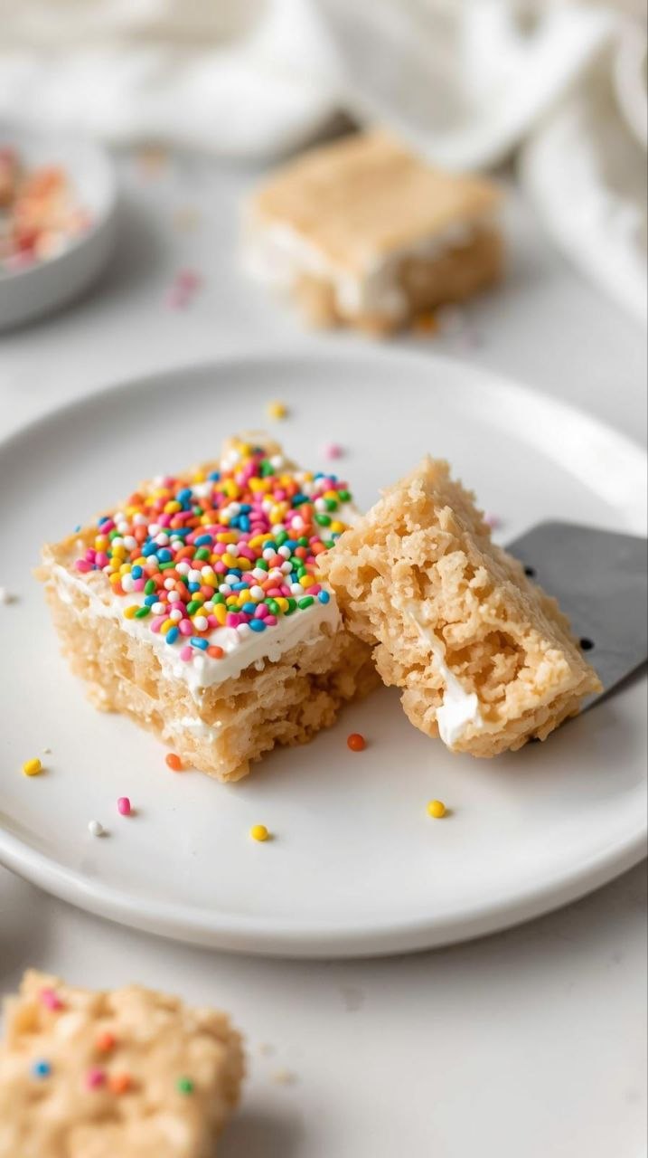 Golden rice crispy treat square with melted marshmallow and rainbow sprinkles on a white plate.