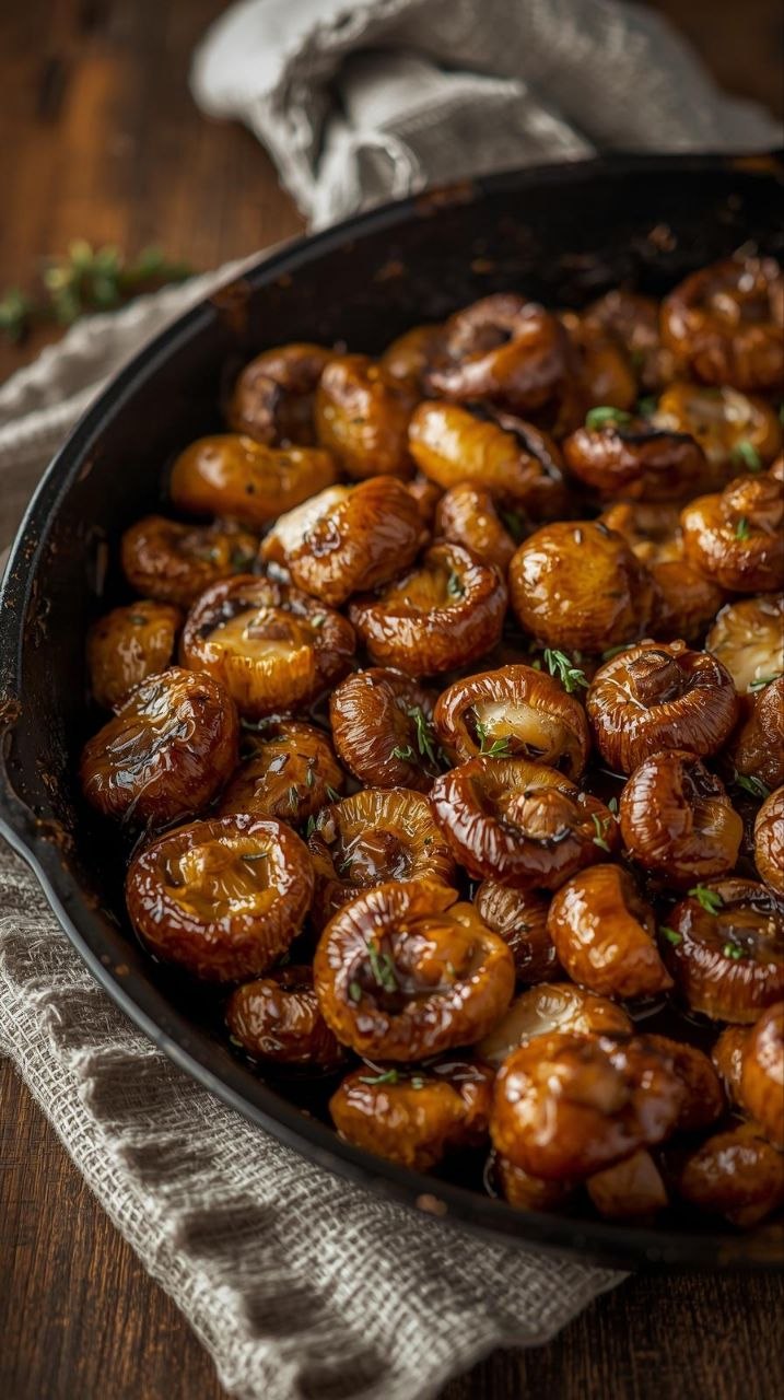 Golden-brown sautéed oyster mushrooms with garlic and fresh thyme in a cast iron skillet, rustic styling.