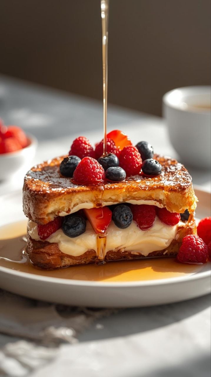 Stuffed French toast with creamy filling, topped with fresh berries, powdered sugar, and maple syrup.