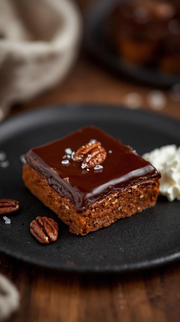 Fudgy sweet potato brownie slice with chocolate ganache, sea salt, and toasted pecans on a dark slate plate.