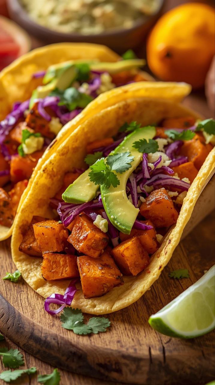 roasted sweet potato tacos with avocado cabbage and cilantro