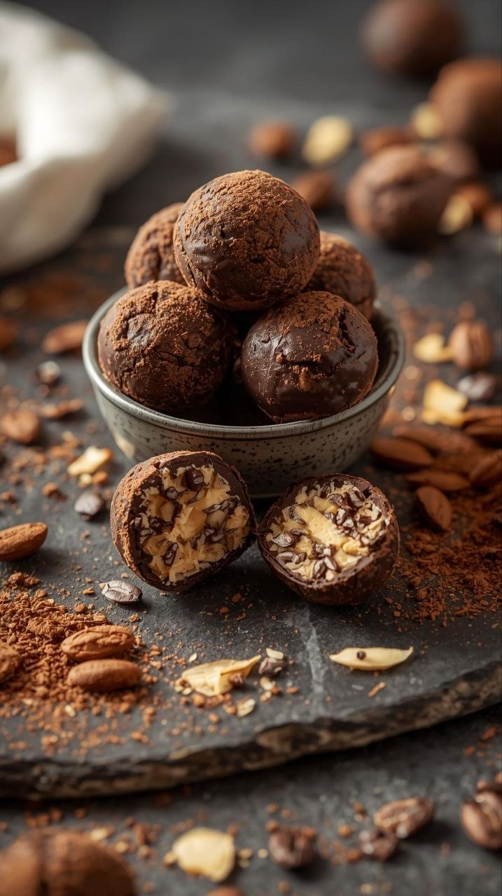 Tiramisu energy balls dusted with cocoa powder, served in a bowl with coffee beans and almond slivers.