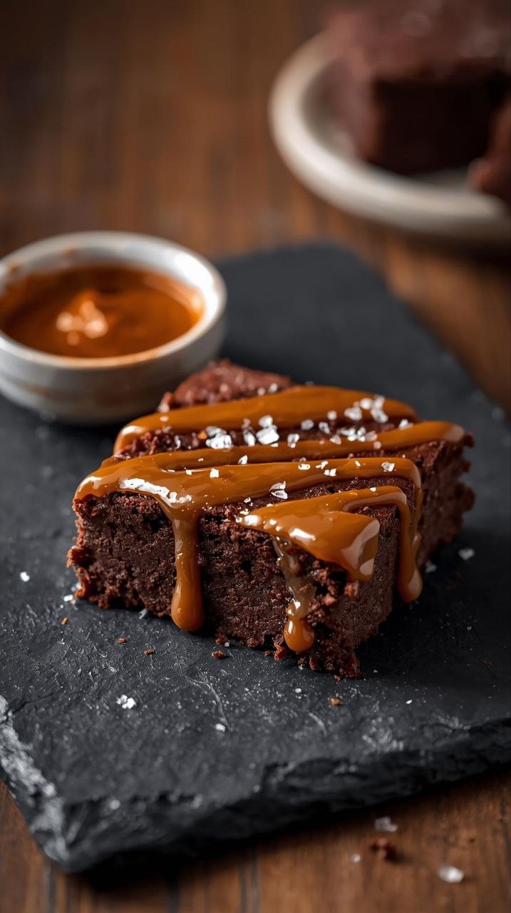 Fudgy vegan caramel brownie square drizzled with caramel sauce and sea salt on a dark slate plate.