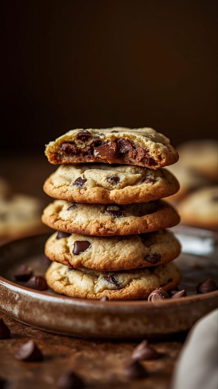 Stack of soft vegan chocolate chip cookies with melty chocolate chips and cracked tops on a rustic plate.