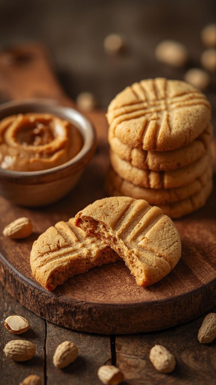Stack of golden-brown vegan peanut butter cookies with fork-cross pattern, broken to show tender crumb.