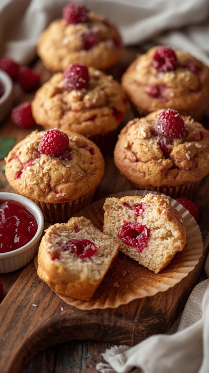 Freshly baked vegan raspberry muffins with golden tops and coarse sugar, cut to show moist crumb and raspberry swirls.