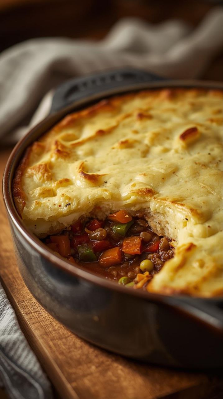 homemade vegan shepherds pie with mashed potato topping and vegetable filling