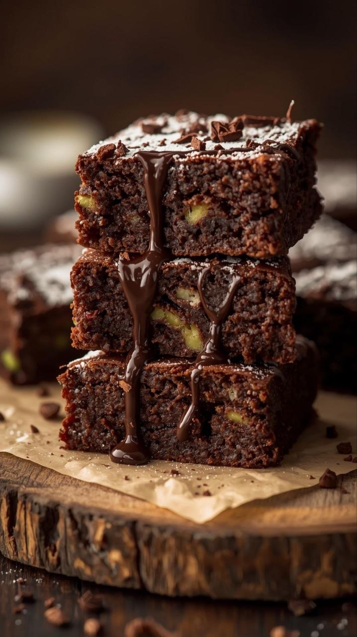 Fudgy zucchini brownies with dark chocolate glaze, stacked on a wooden board, showing moist crumb texture.